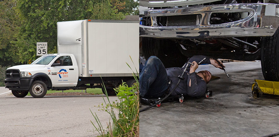 Graphic with two images. A Meyer truck, and a mechanic working on a Meyer truck