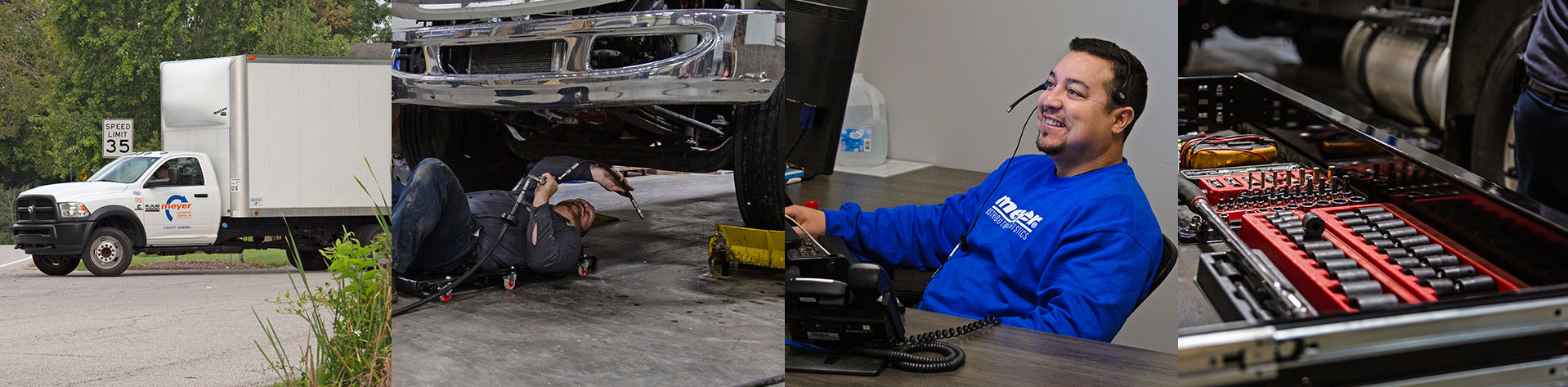 Graphic with multiple images. A Meyer truck, a mechanic working on a Meyer truck, a Meyer employee at their desk, and a tool box