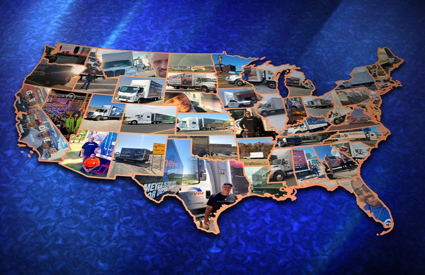A Map graphic collage with different Meyer related images in each state