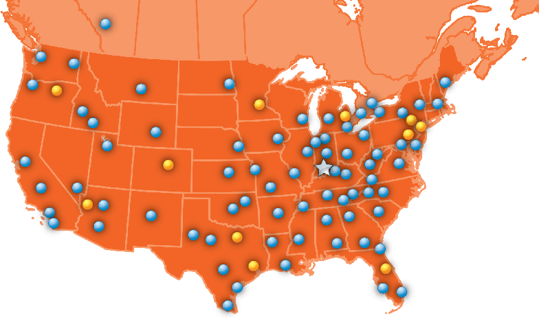 Map of the United States and Canada with Meyer locations dotted on the map